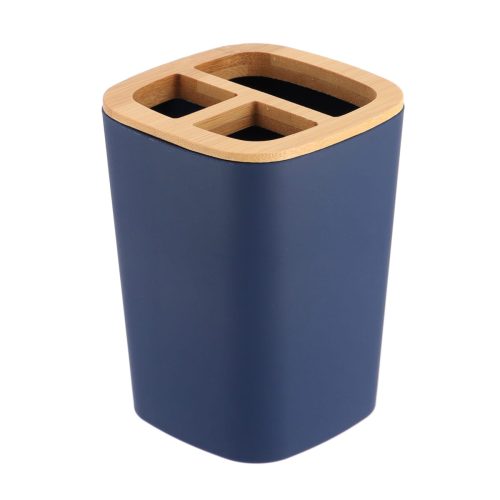 Vierkante tandenborstelhouder bamboe-kunststof marineblauw naturel RUBBER TOOTHBRUSH HOLDER + ABS AND BAMBOO - NAVY BLUE