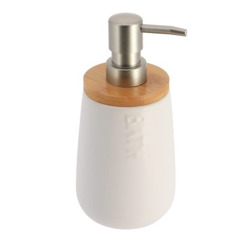 Zeepdispenser dolomiet bamboe witDOLOMITE SOAP DISPENSER - WHITE/BAMBOO