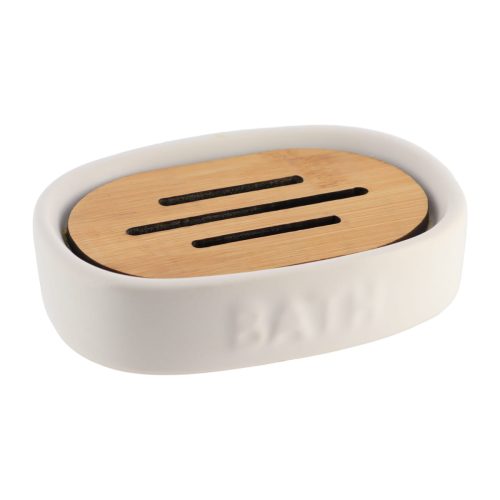 DZeephouder dolomiet bamboe wit-naturelOLOMITE SOAP DISH BATH - WHITE/BAMBOO