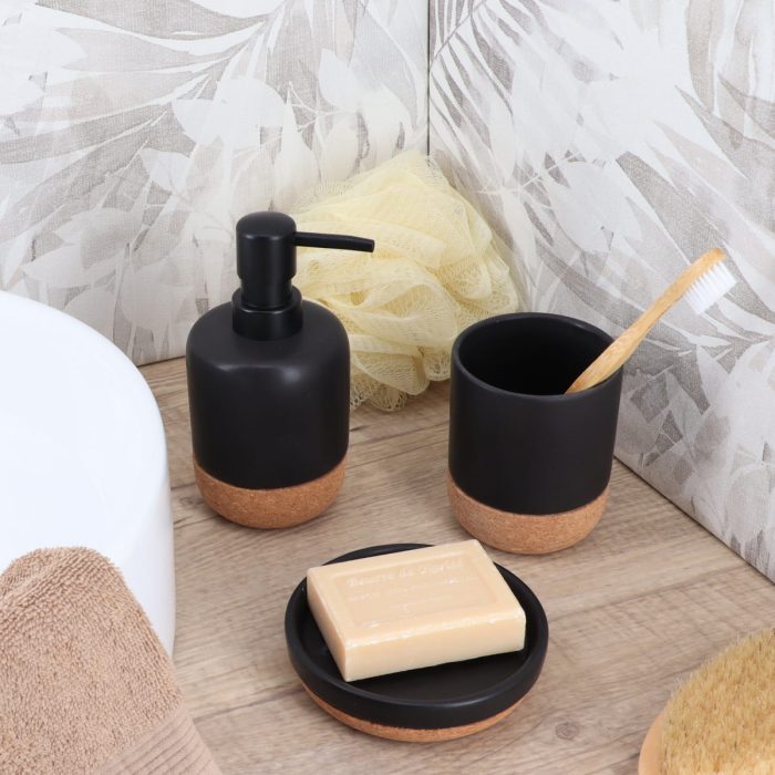 ROUND DOLOMITE SOAP DISPENSER 275 ML - BLACK/CORK